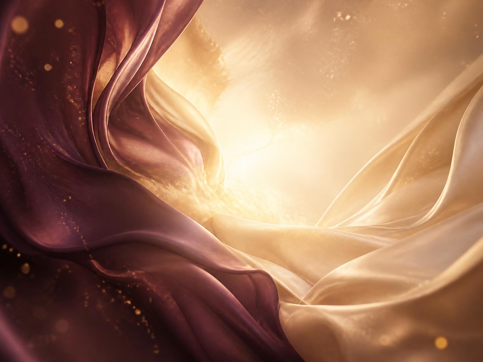 Silk in plum and champagne folding into a glowing golden portal
